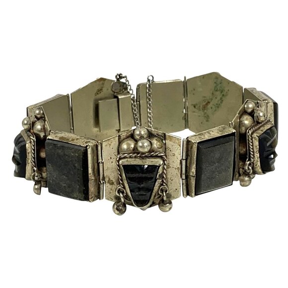 Vintage Alpaca Mexico Mayan Aztec Carved Black Onyx Face Panel Bracelet 925 - Picture 2 of 7